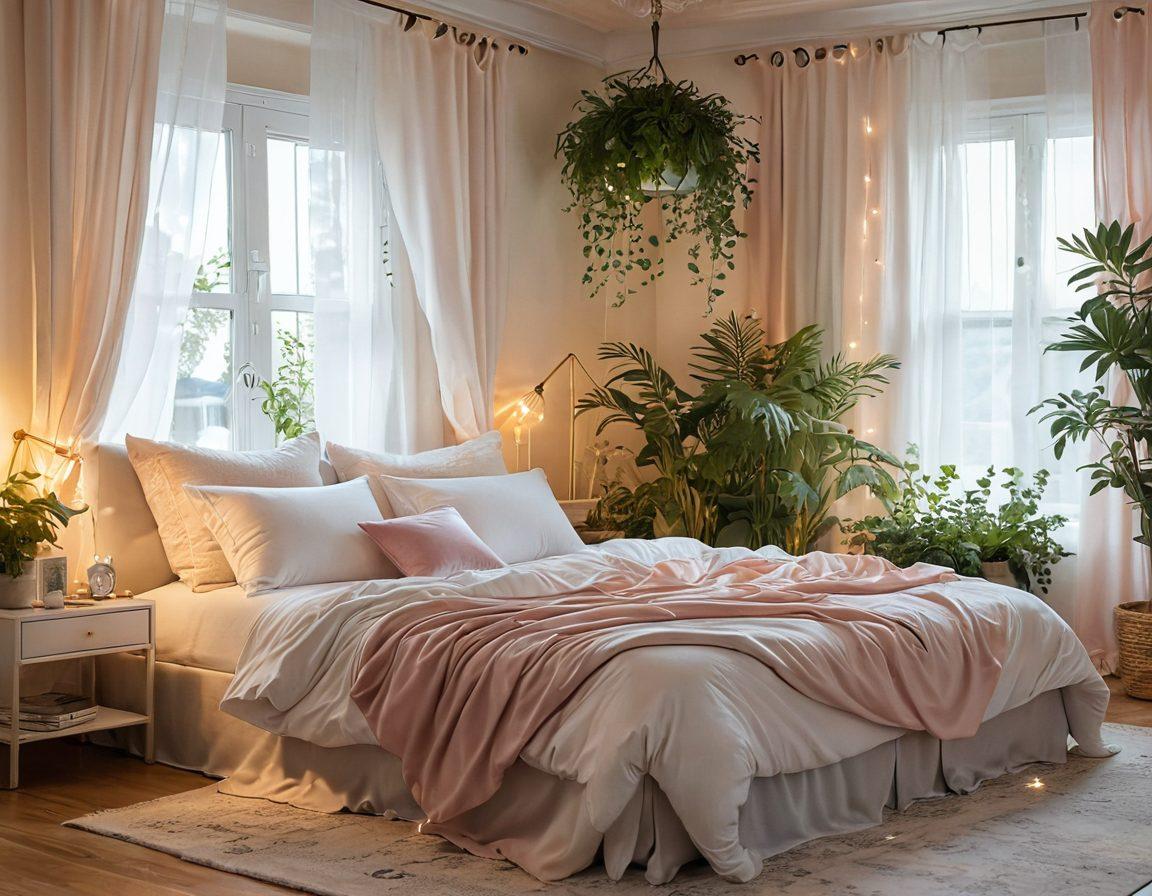 A serene bedroom scene showcasing a luxurious waterbed adorned with soft, flowing fabrics and pastel colors. Include plush pillows and delicate fairy lights to create a cozy atmosphere. A window with soft curtains letting in gentle sunlight, surrounded by plants and calming artwork on the walls. The overall vibe should evoke relaxation and feminine grace. super-realistic. vibrant colors. warm lighting.
