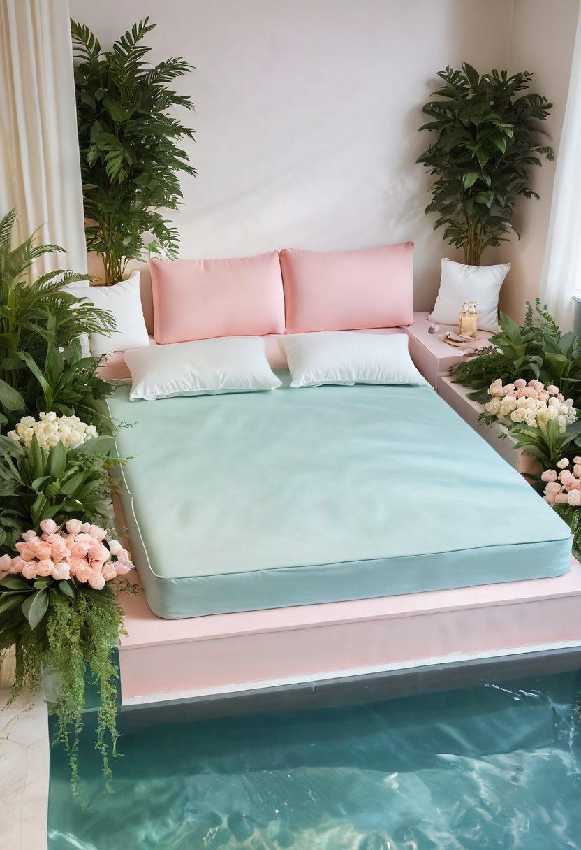 A serene feminine oasis featuring a luxurious waterbed surrounded by soft pastel colors, plush pillows, and fragrant flowers. The scene includes gentle flowing water elements and calming lighting to evoke relaxation and comfort, with a hint of nature through leafy greens. Infinite comfort and tranquility are the essence of this composition. super-realistic. soft pastel colors. tranquil. nature-inspired.