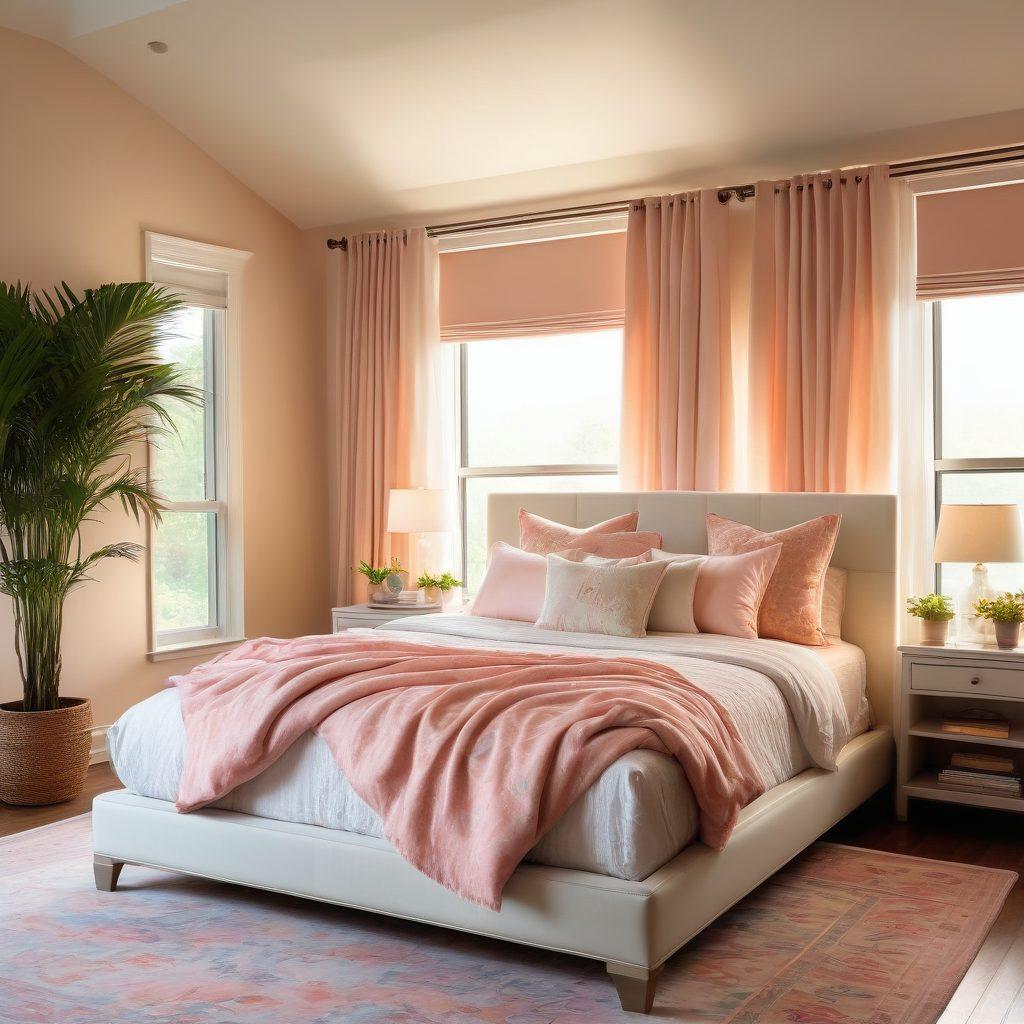 A serene bedroom scene featuring a luxurious waterbed draped in soft, feminine fabrics with floral patterns. Surrounding the bed, cozy accents like plush cushions and warm ambient lighting create an intimate atmosphere. A touch of greenery with indoor plants adds freshness, while muted pastel colors enhance the aesthetic comfort. The room has a window showing a calm, soft sunset glow. super-realistic. vibrant colors. warm tones.